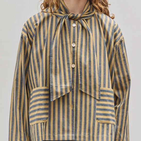 Cawley Studio Japanese Striped Cotton Dorothy Shirt in Mustard +  Navy, Medium - Picture 2 of 4